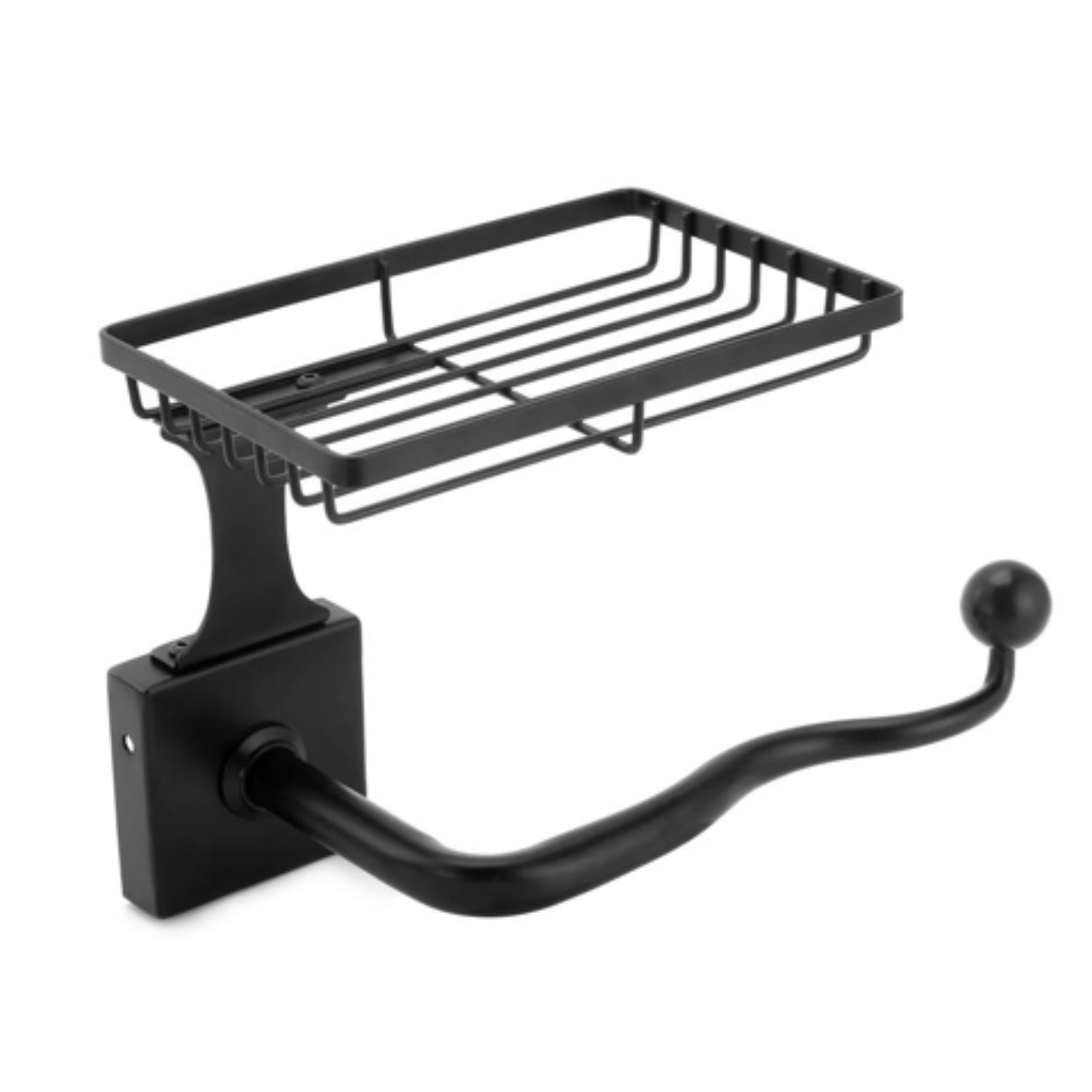 Dispensador negro de pared con estante y gancho para baño
