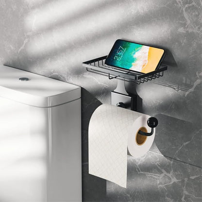 Dispensador negro para papel higiénico con estante para teléfono, baño moderno