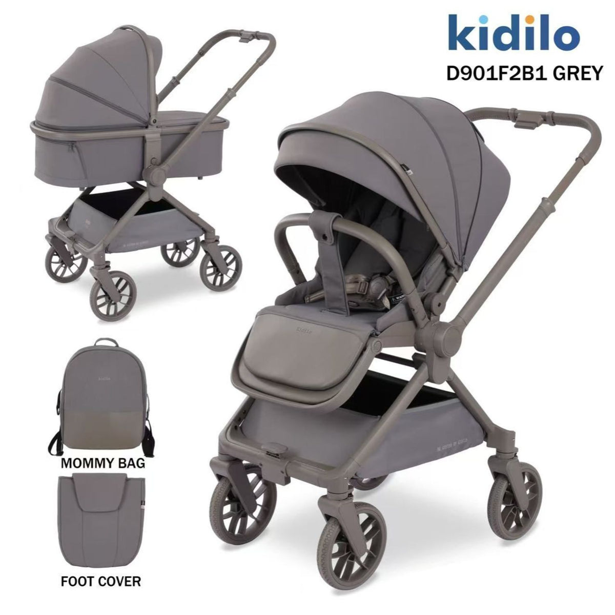 Coche gris KIDILO D901F2B1, vista frontal y lateral, incluye bolso y cubre pies