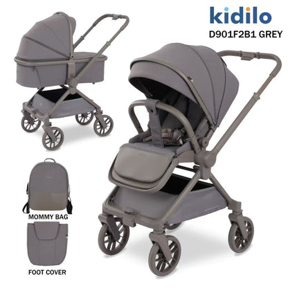 Coche gris KIDILO D901F2B1, vista frontal y lateral, incluye bolso y cubre pies