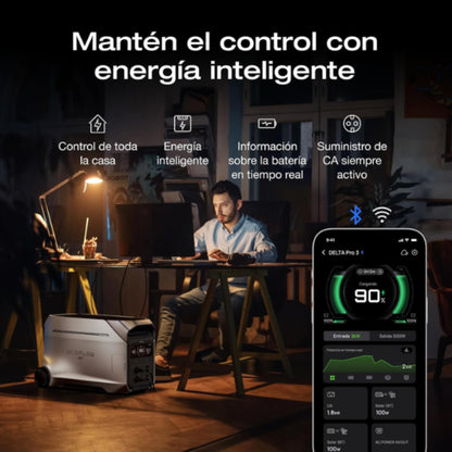Estación de energía portátil EcoFlow Delta Pro, usuario controlando desde su smartphone