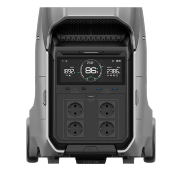 estación de energía portátil EcoFlow, vista frontal, pantalla digital y conexiones