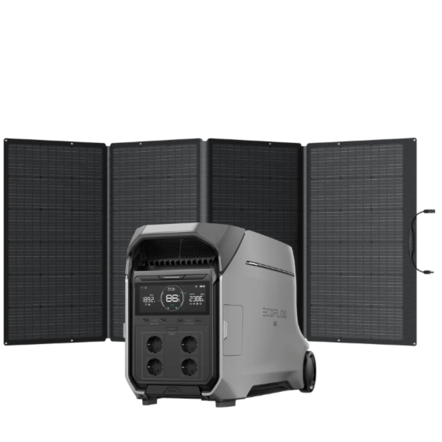 Estación de energía portátil ECOFLOW gris con paneles solares desplegados