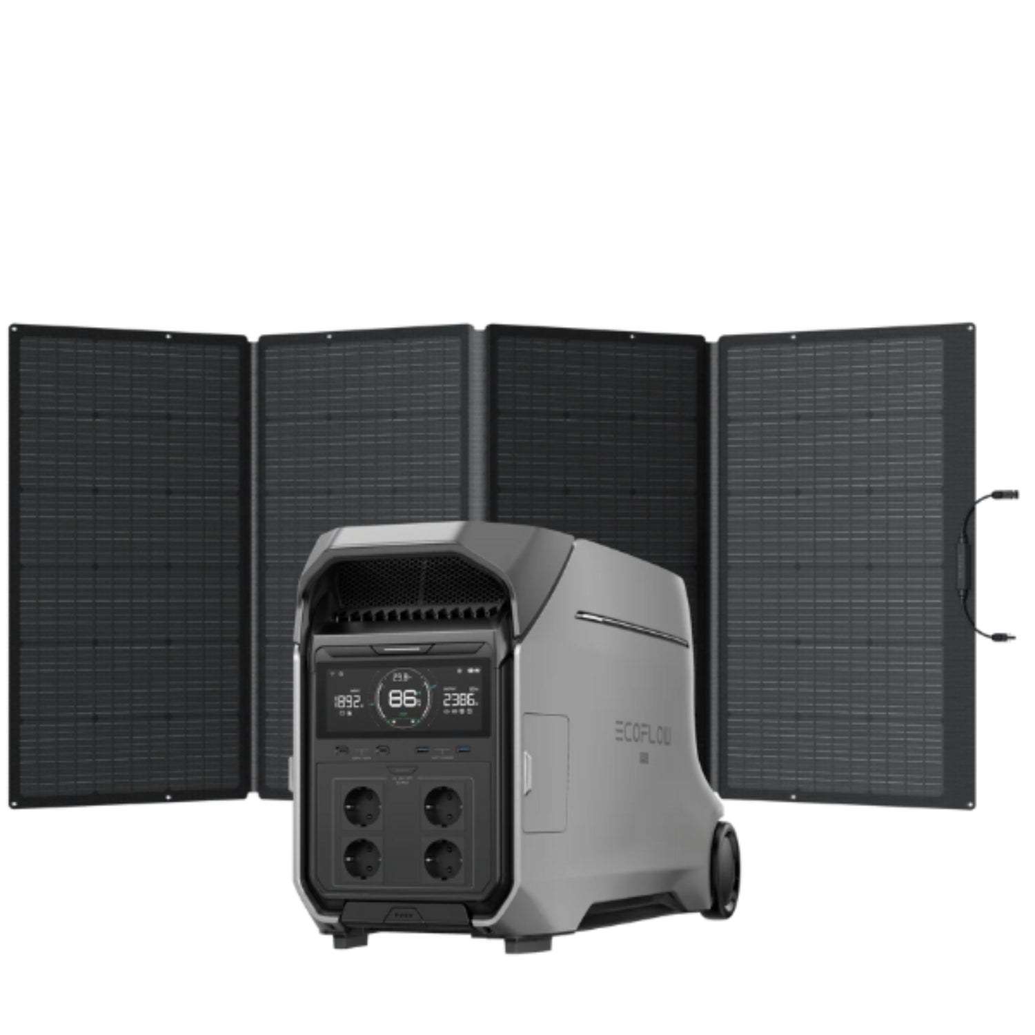Estación de energía portátil ECOFLOW gris con paneles solares desplegados