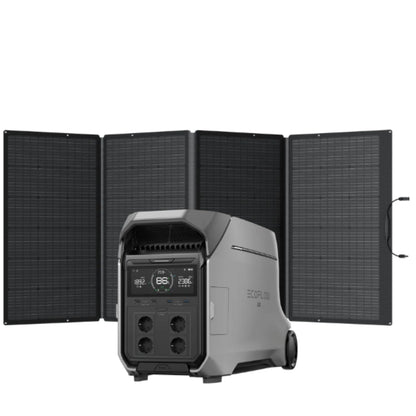 Estación de energía portátil ECOFLOW gris con paneles solares desplegados