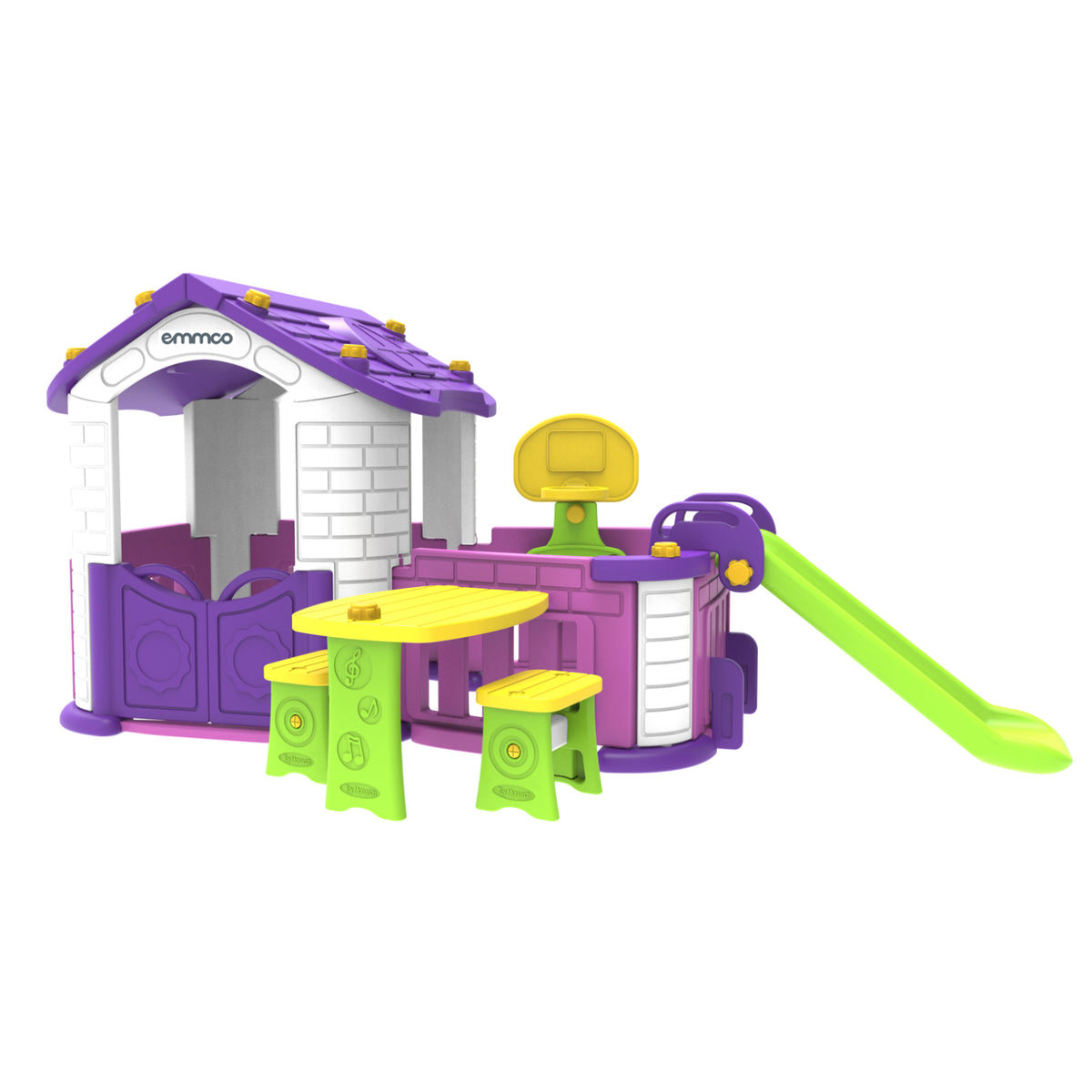 Casa de juegos colorido con tobogán y mesa para niños