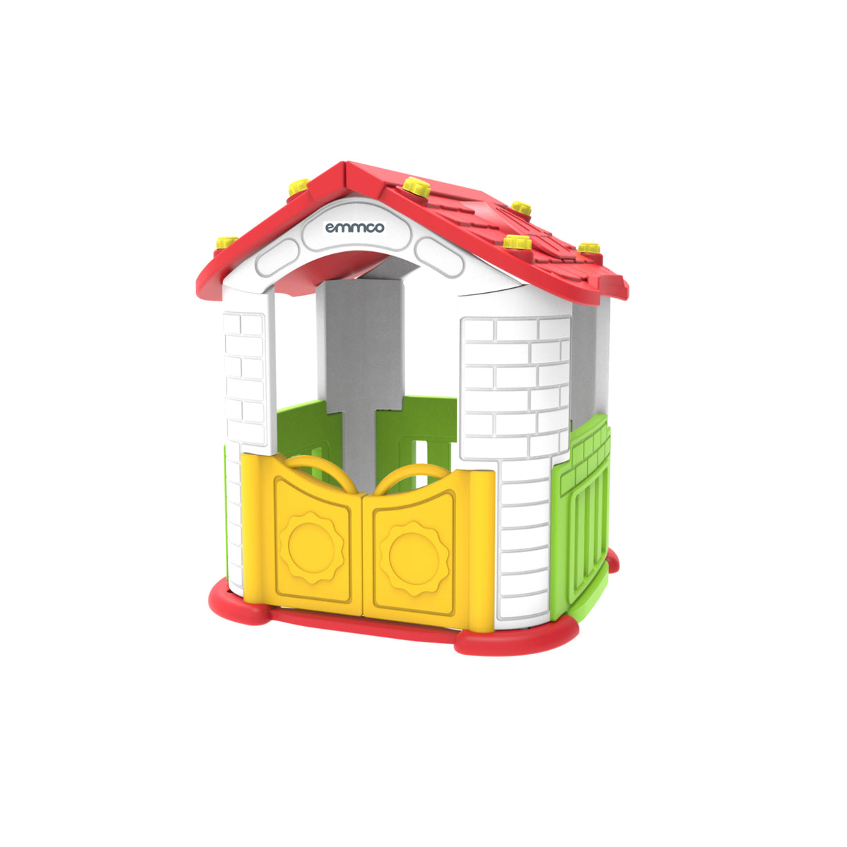 Casa de juego colorida con puerta amarilla y techo rojo, ideal para niños