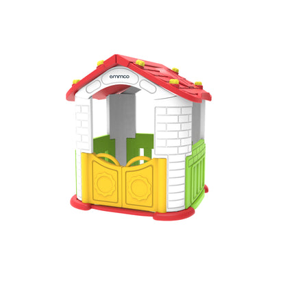 Casa de juego colorida con puerta amarilla y techo rojo, ideal para niños