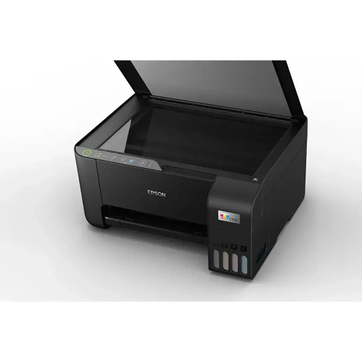 Impresora Epson LL05 negra, vista frontal y escáner abierto