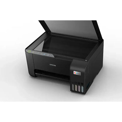 Impresora Epson LL05 negra, vista frontal y escáner abierto