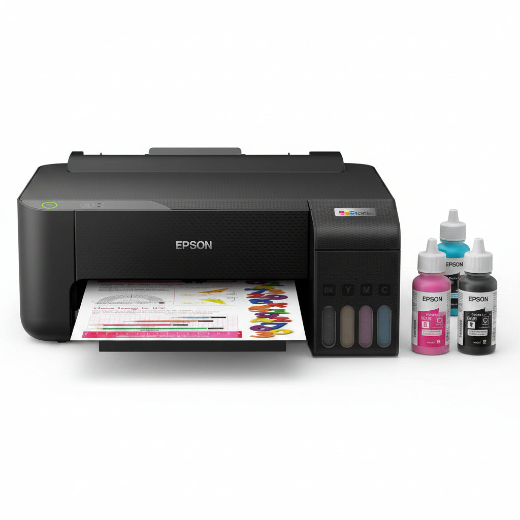 Impresora Epson negra frontal con cartuchos de tinta visibles y hojas de impresión