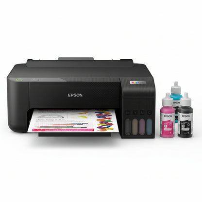 Impresora Epson negra frontal con cartuchos de tinta visibles y hojas de impresión