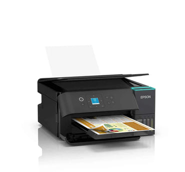 Impresora Epson negra frontal con pantalla para impresión de documentos.
