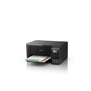 Impresora Epson LL05 negra, impresión frontal con documentos coloridos saliendo