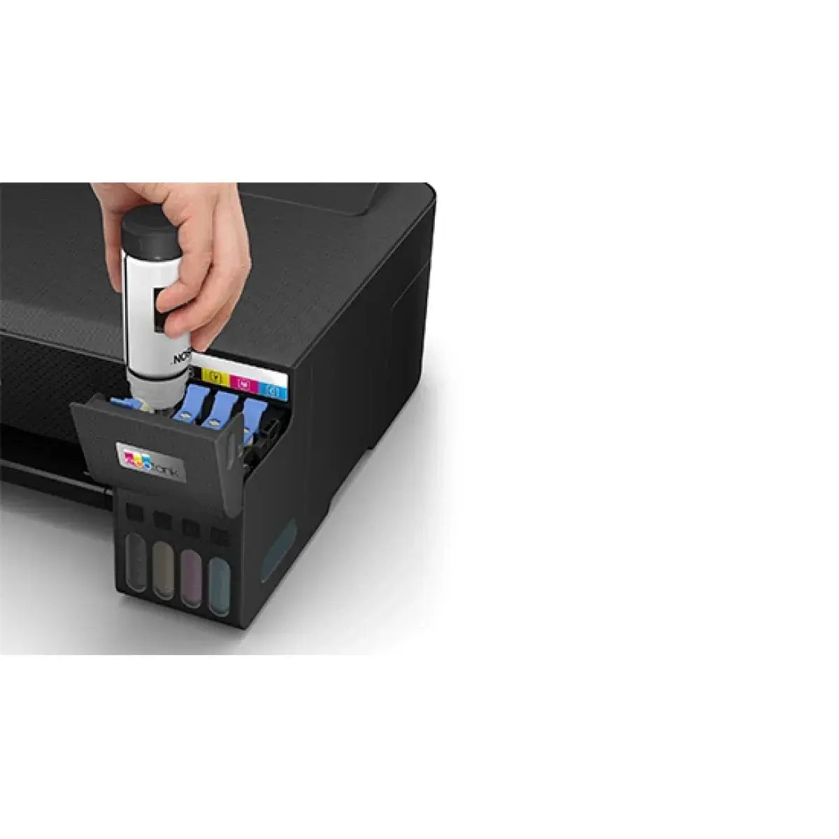 Impresora Epson con sistema de tinta, vista lateral y cartuchos de color