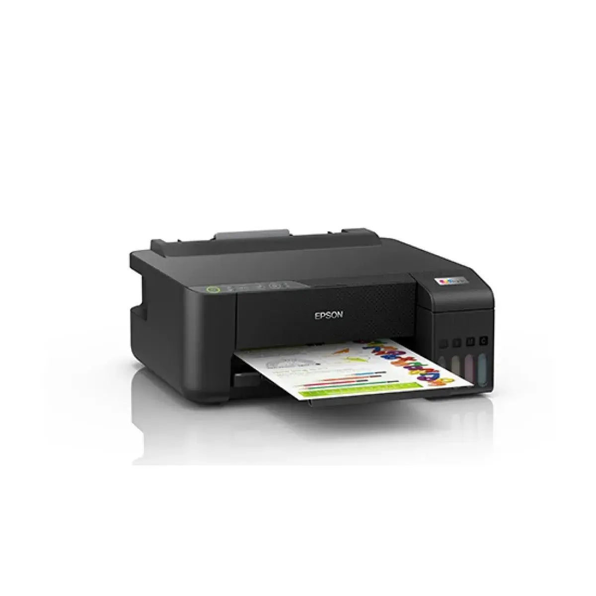 Impresora Epson negra con papel saliendo, ideal para oficina