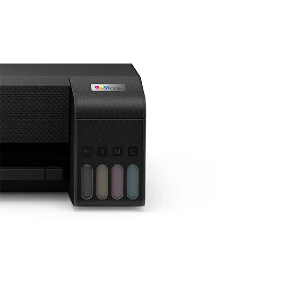 Impresora Epson negra frontal con tanque de tinta y botones