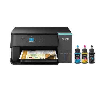 Impresora Epson multifuncional negra, vista frontal con cartuchos de tinta