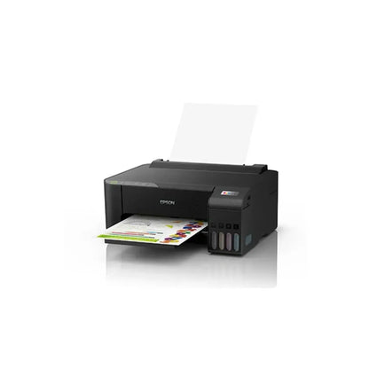 Impresora EPSON negra frontal, impresión de colores vibrantes