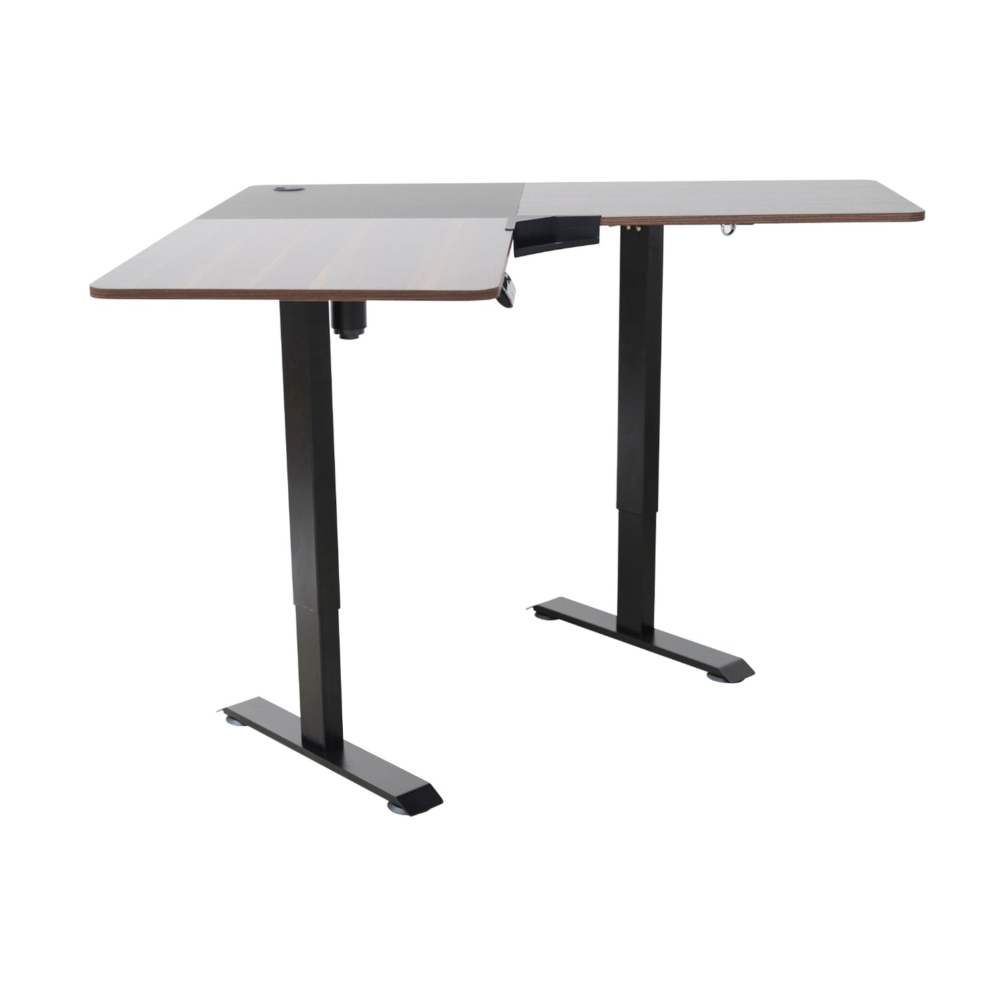 Escritorio ajustable en altura, color madera, vista lateral para oficina moderna