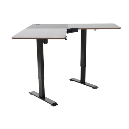 Escritorio ajustable en altura, color madera, vista lateral para oficina moderna