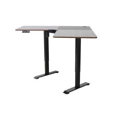 Escritorio de pie ajustable en color madera, vista lateral y moderna, ideal para oficina