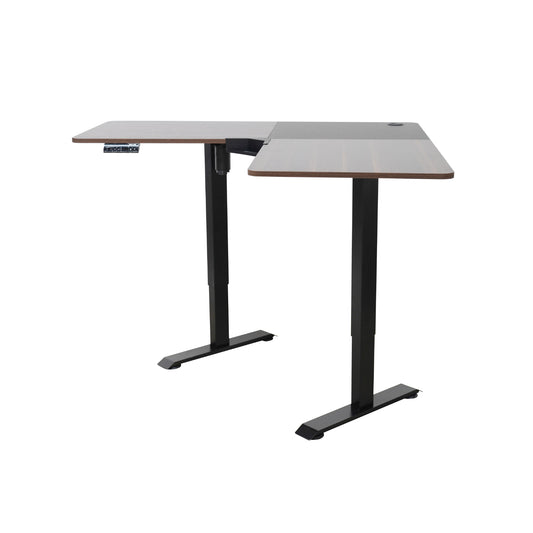 Escritorio de pie ajustable en color madera, vista lateral y moderna, ideal para oficina