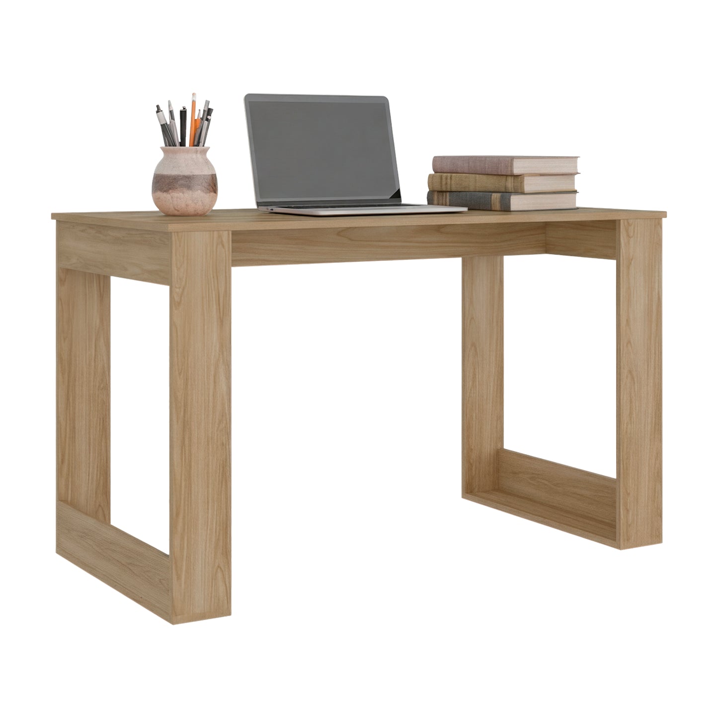 escritorio de madera clara, frontal, ideal para oficina o estudio