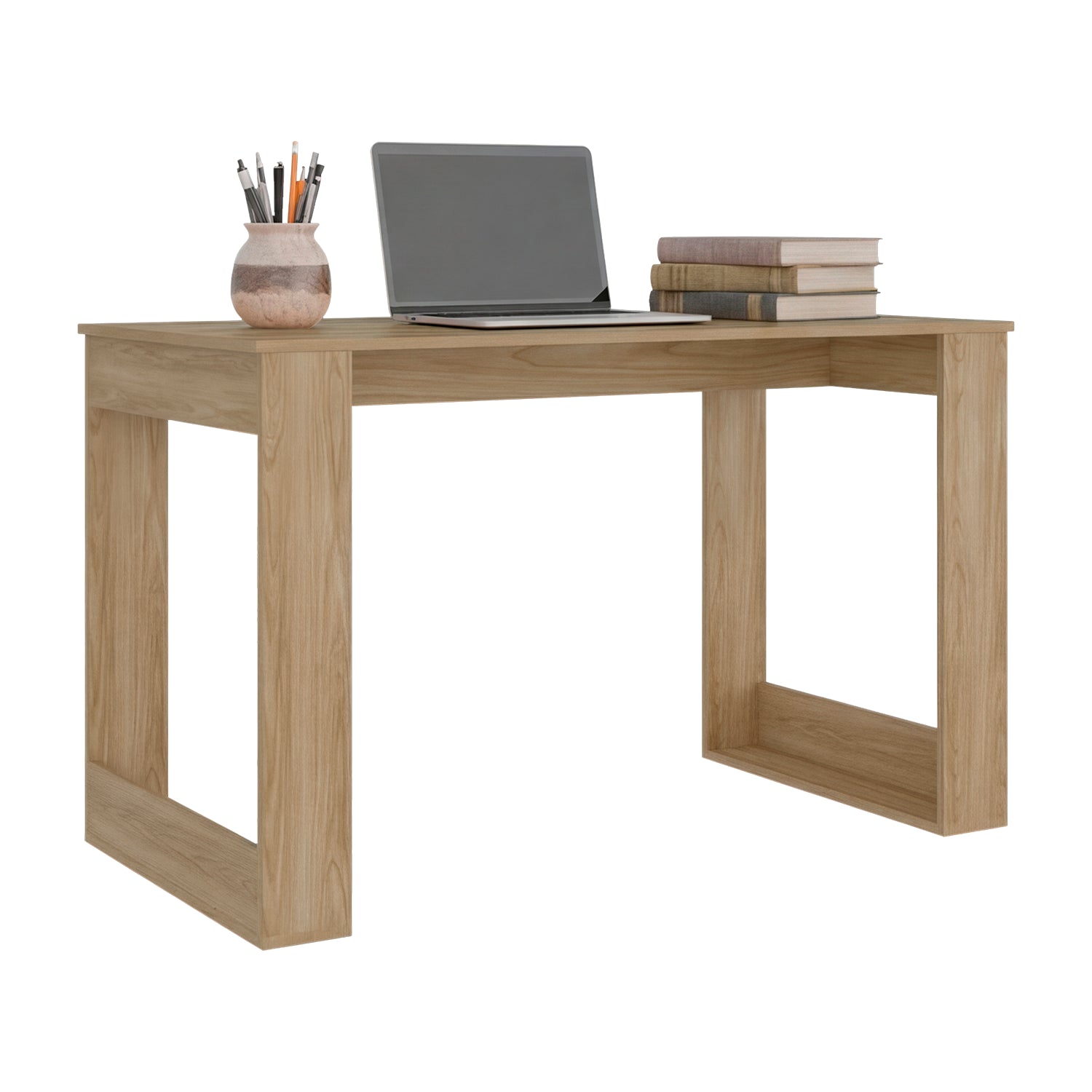 escritorio de madera clara, frontal, ideal para oficina o estudio