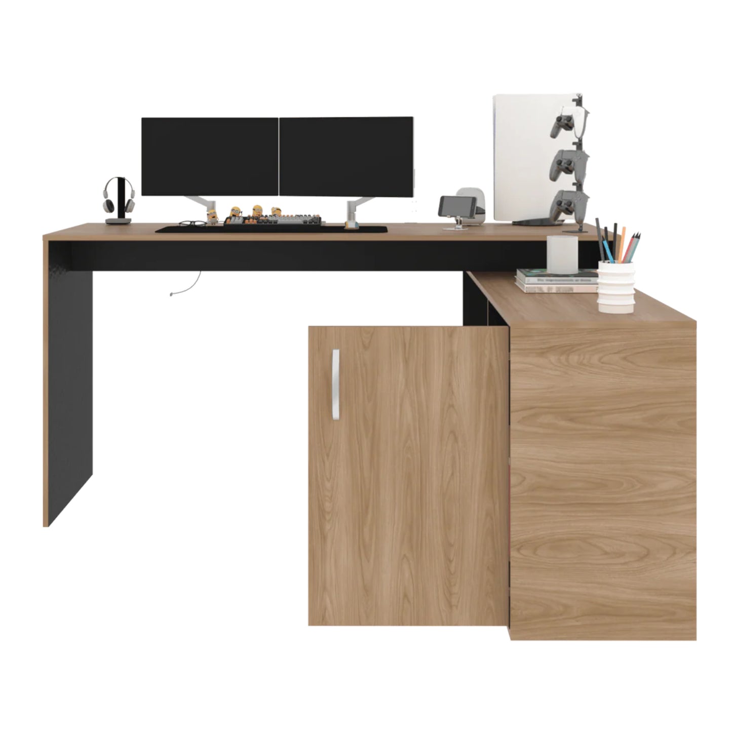 escritorio de madera con superficie amplia y compartimento de almacenamiento, oficina moderna