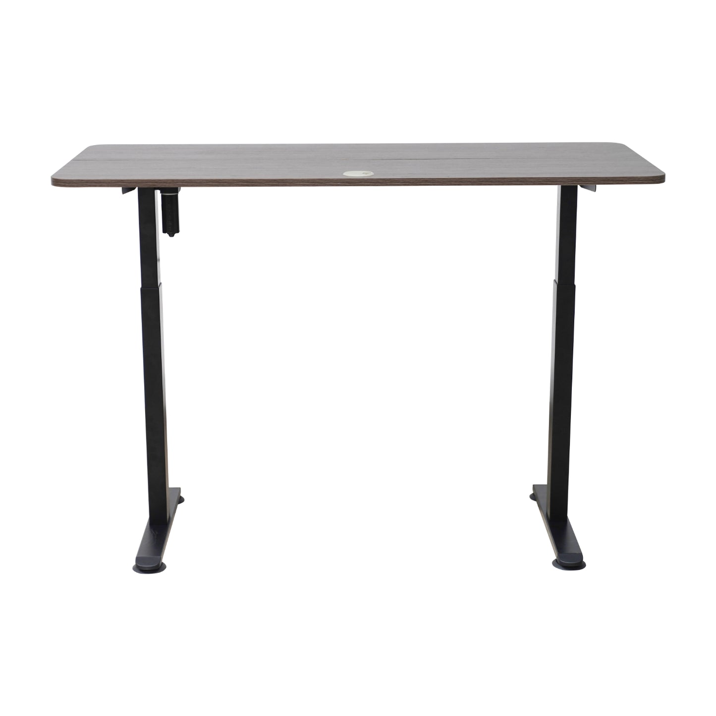Escritorio marrón frontal, oficina con soporte ajustable