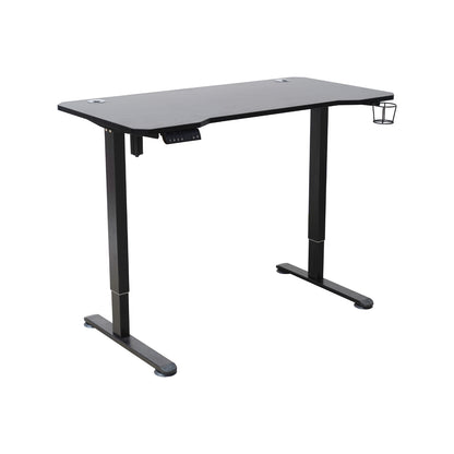 Escritorio negro altura ajustable, vista frontal, ideal para oficina moderna