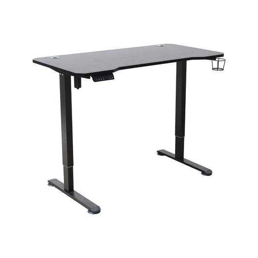 Escritorio negro altura ajustable, vista frontal, ideal para oficina moderna