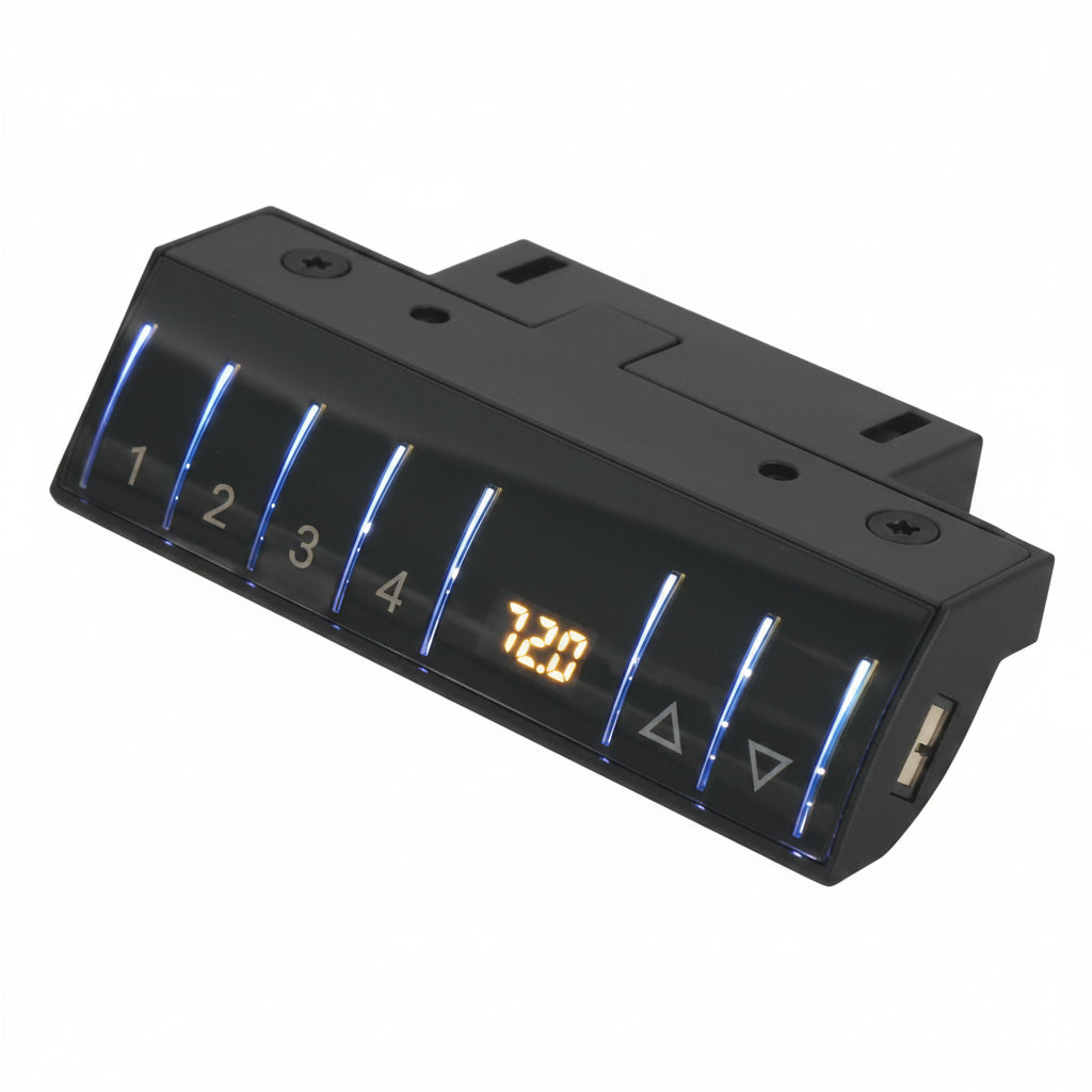 Panel de control negro con display digital, luces LED y botones para escritorio