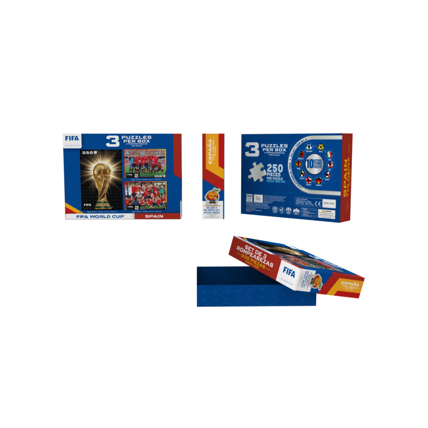 Puzles de 250 piezas de la España selección de fútbol, caja y piezas en vista frontal