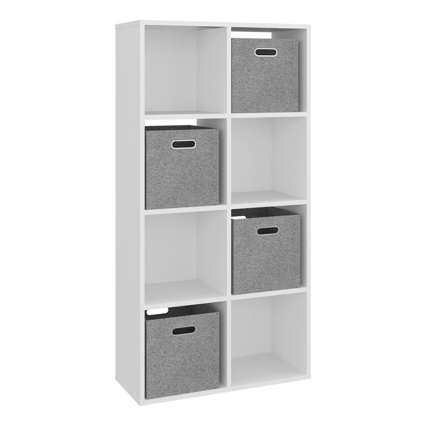 Estanter blanca con seis cubos grises, ideal para organización en el hogar