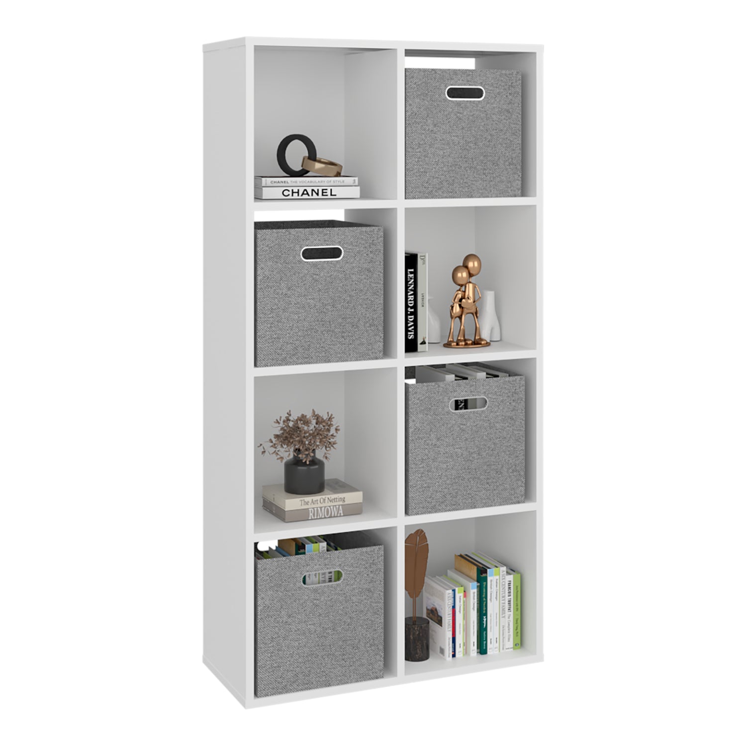 Estanter blanca con cestas grises, ideal para organizar objetos en casa