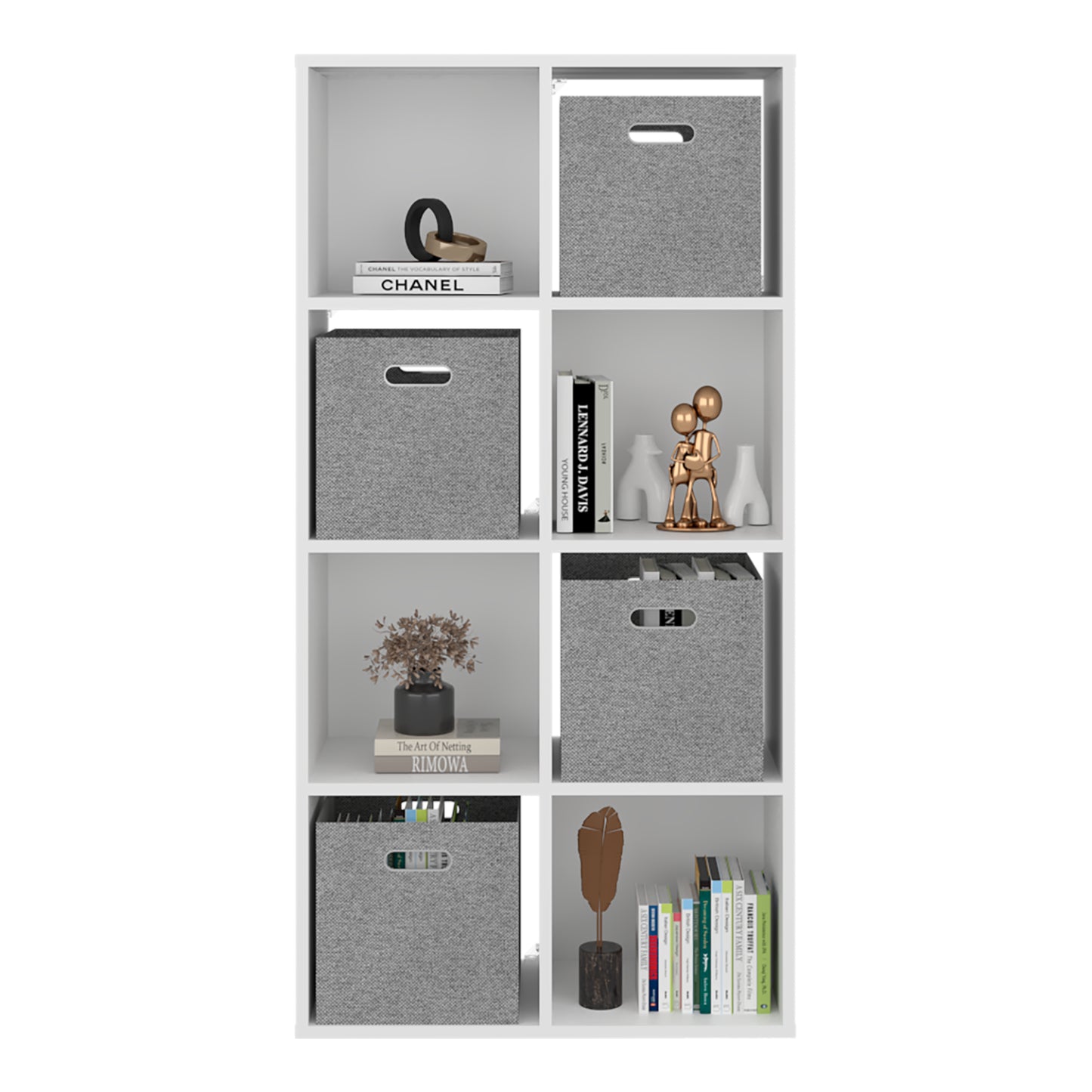 Estanter blanca con seis cubos grises, ideal para organización del hogar