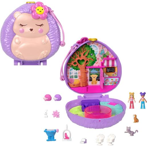 Estuche morado en forma de oso, con personajes y mobiliario en su interior
