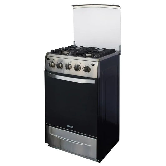 Estufa a gas RCA 20 pulgadas con cinco quemadores y diseño elegante en negro y acero inoxidable