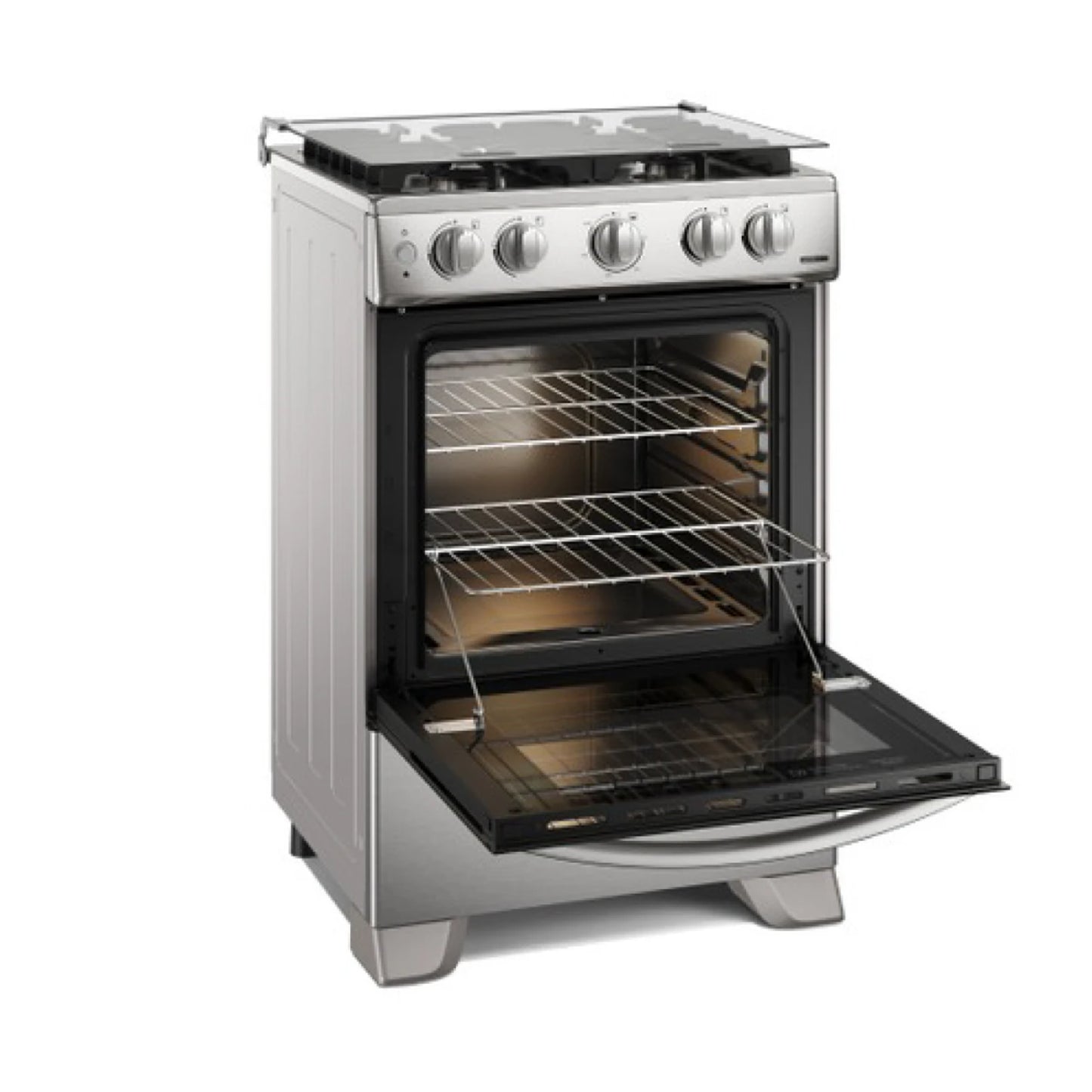 Estufa a gas Frigidaire plateada, vista frontal con horno abierto