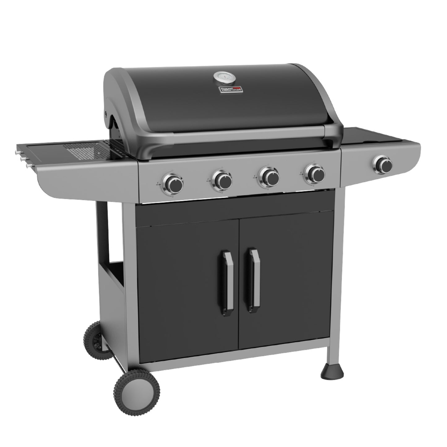 Estufa de gas negra Royal Gourmet, parrilla de exteriores con cuatro quemadores.