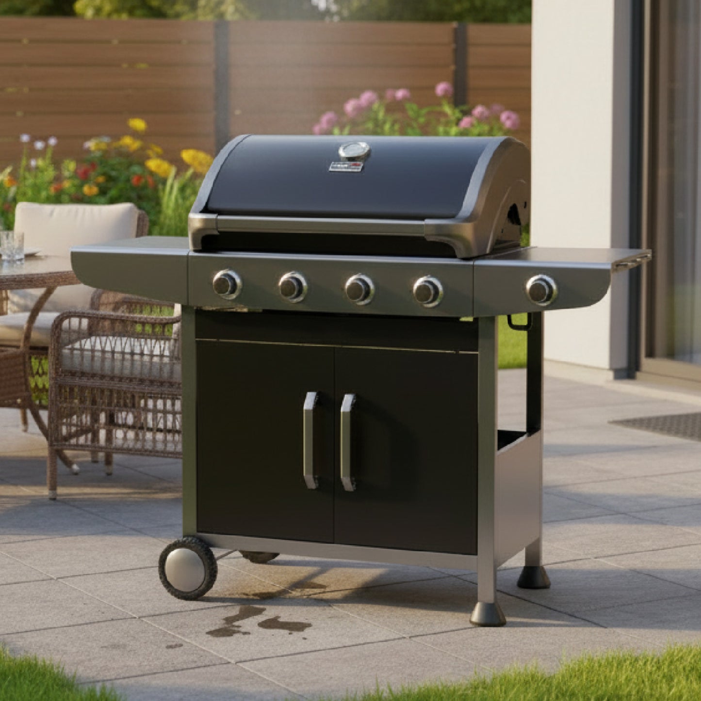 Estufa de gas negra frontal, patio con jardín