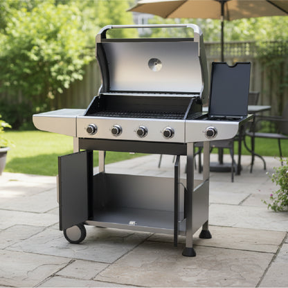 estufa de gas Royal Gourmet plata, vista frontal en patio con sombrilla