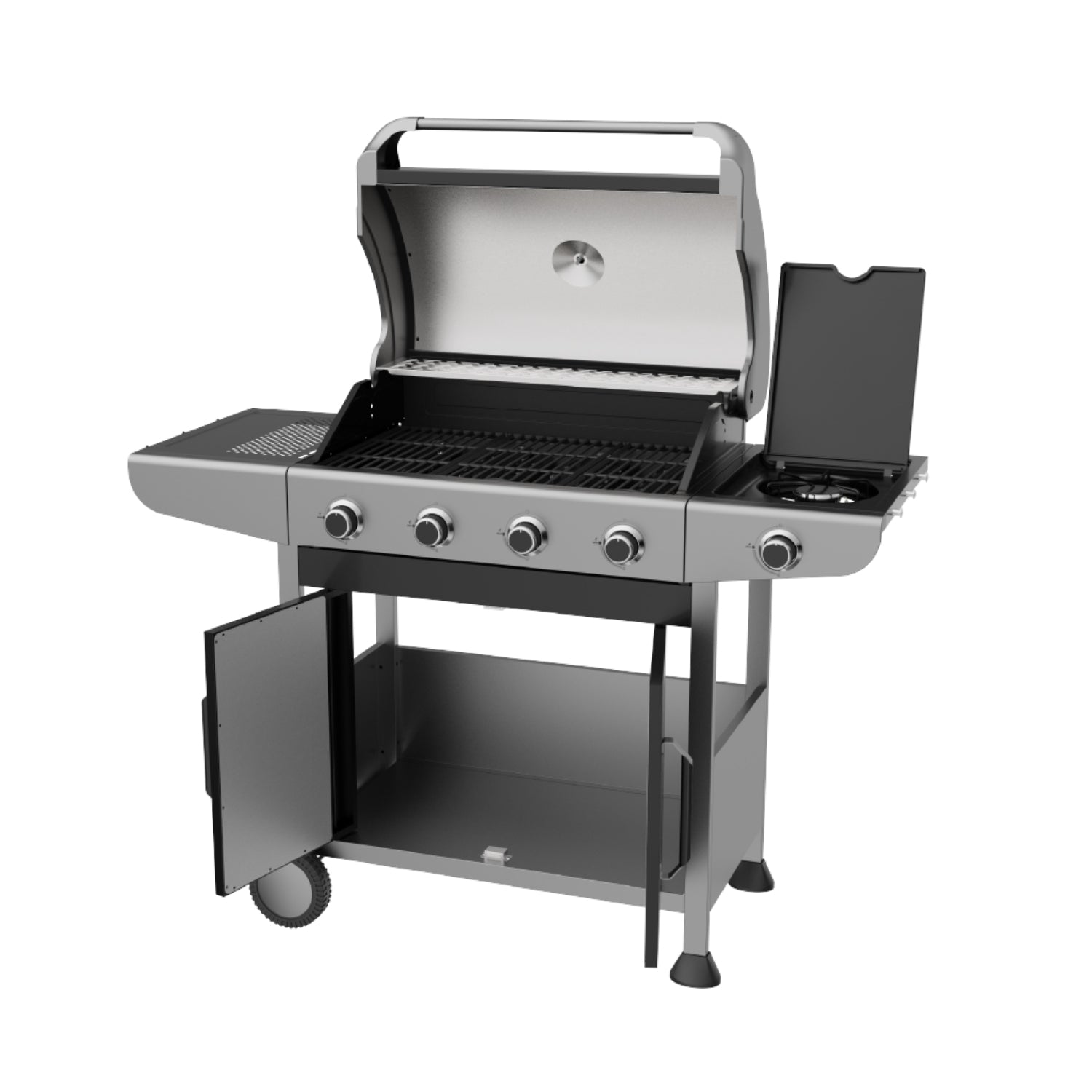 Estufa de gas gris frontal, cocina exterior