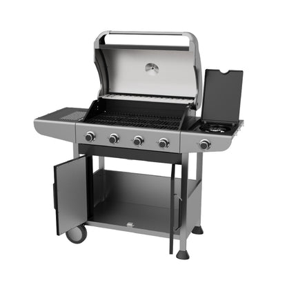 Estufa de gas gris frontal, cocina exterior