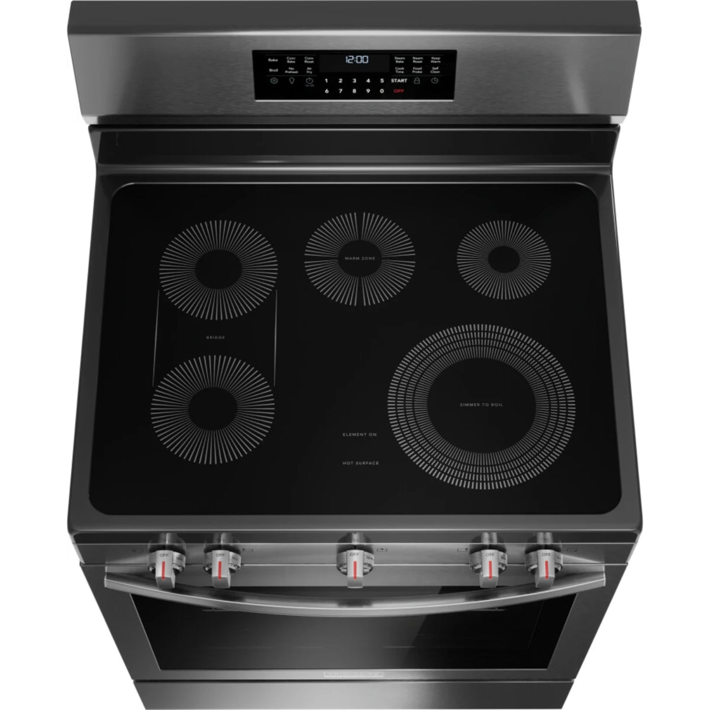 Estufa eléctrica con freidora de aire Frigidaire en color negro con quemadores de vitrocerámica y controles digitales