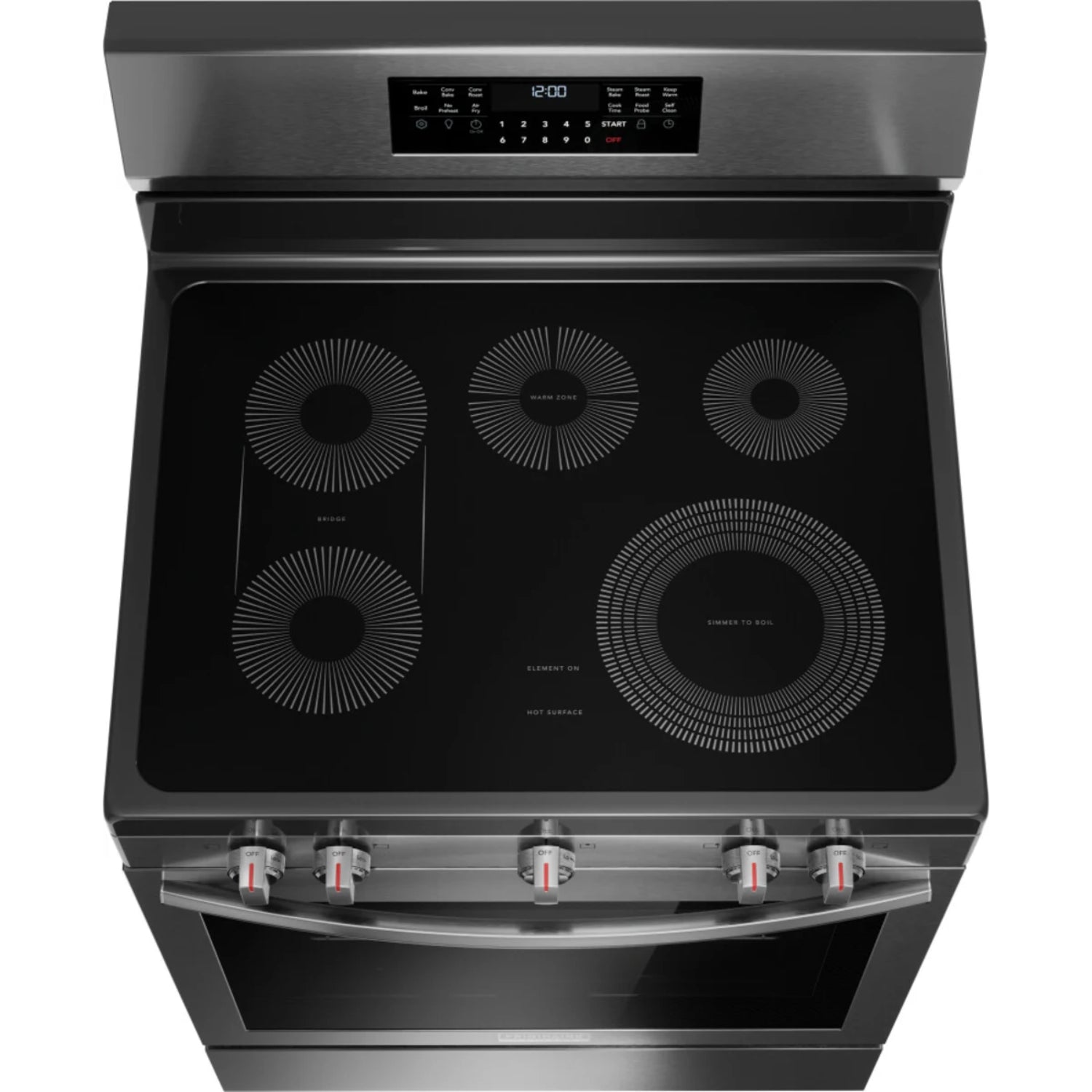 Estufa eléctrica con freidora de aire Frigidaire en color negro con quemadores de vitrocerámica y controles digitales