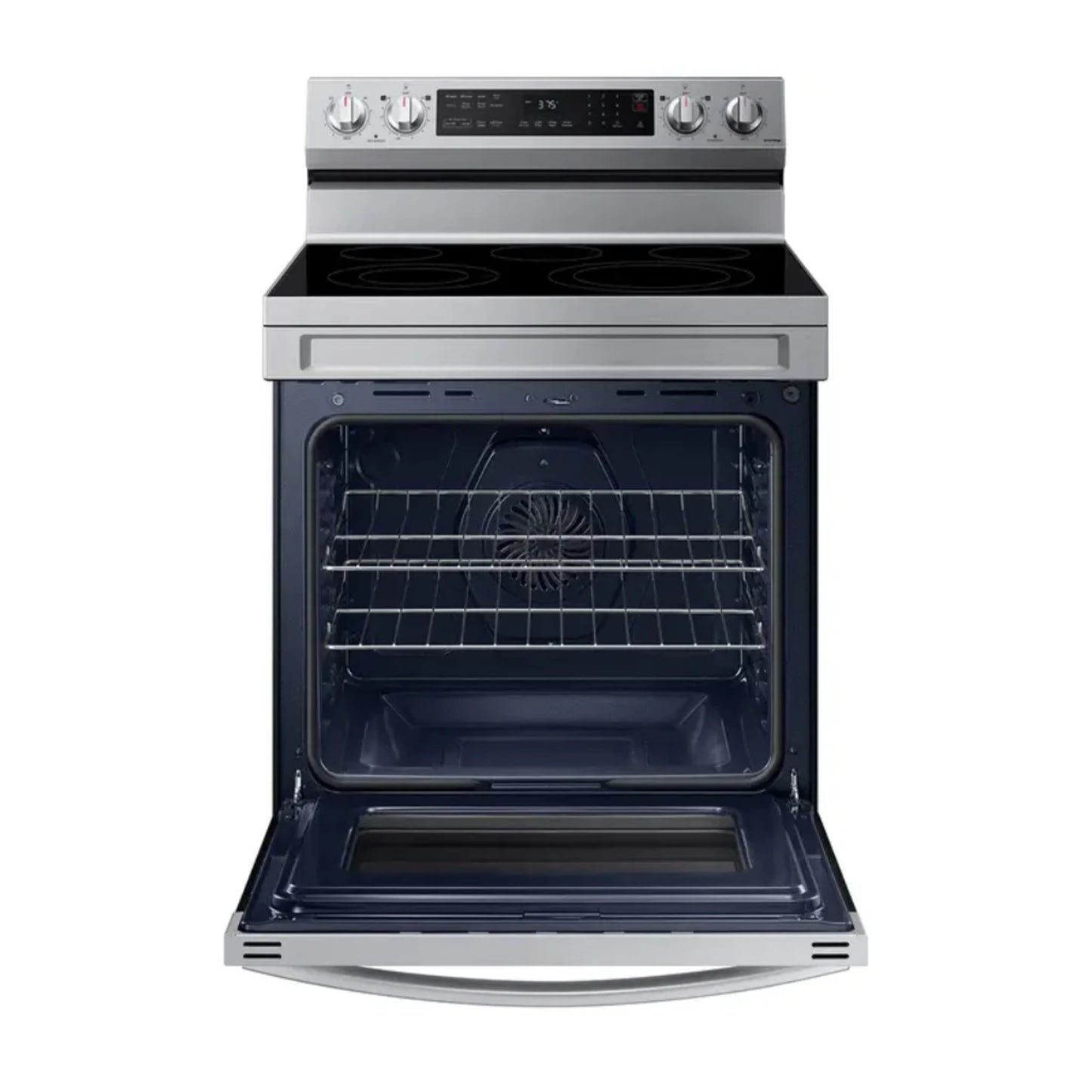 Horno Samsung de cocina de acero inoxidable con puerta abierta y estantes visibles