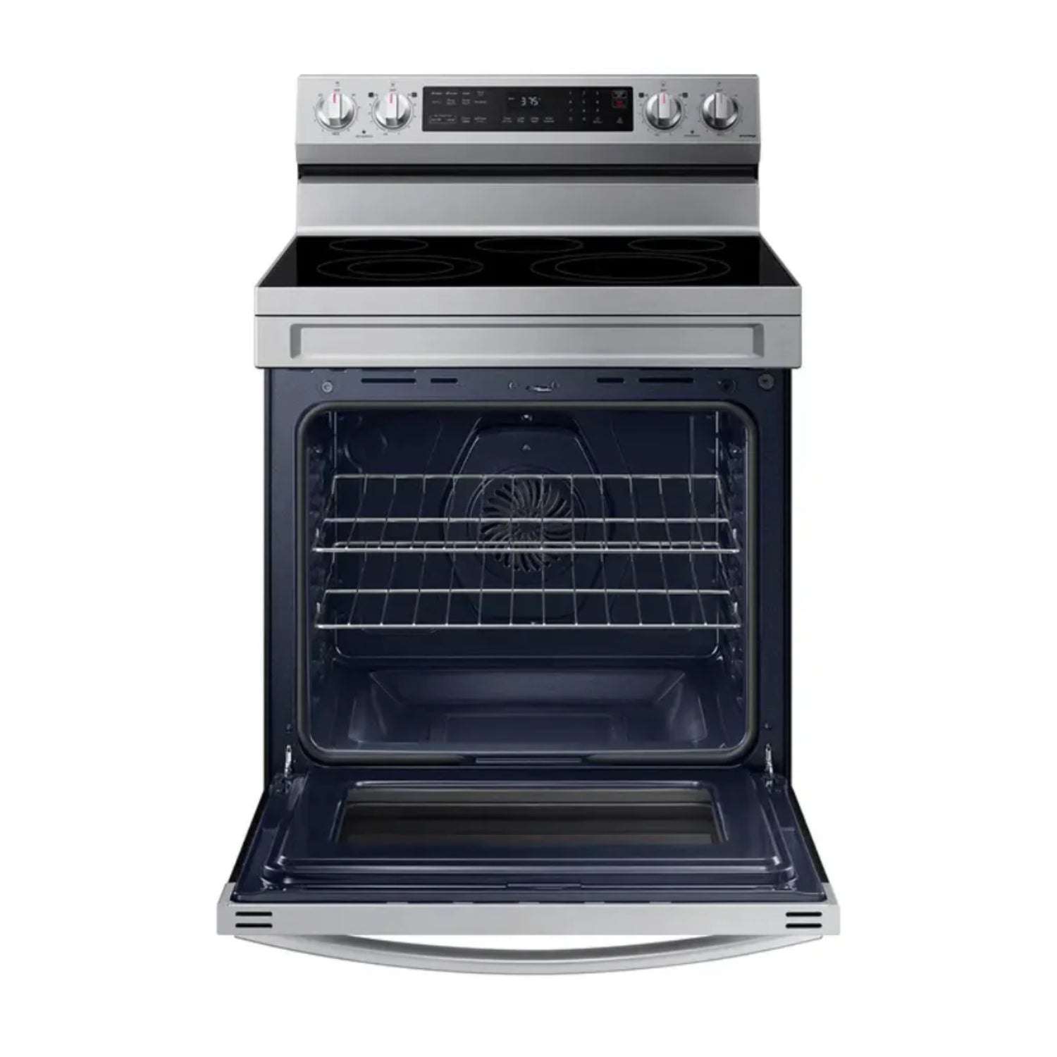 Horno Samsung de cocina de acero inoxidable con puerta abierta y estantes visibles
